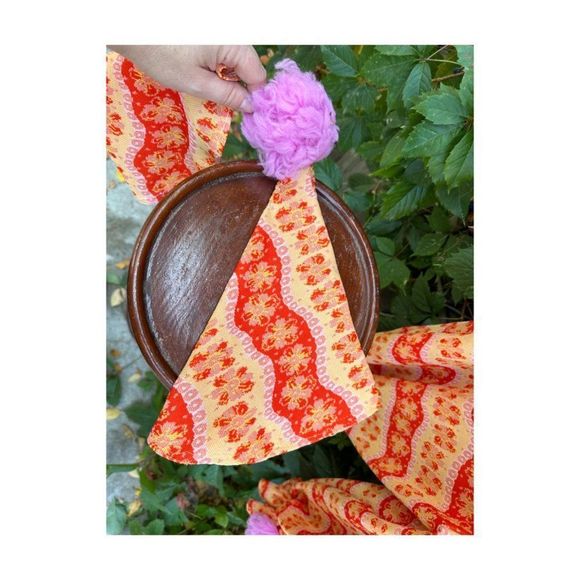 Vintage 70s Handmade Knit Clown Costume PomPoms 2 Hats Pink Red Yellow - Picture 8 of 16